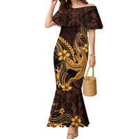 Gold Black Aloha Hawaii Family Matching Mermaid Dress and Hawaiian Shirt Polynesian Shark Tattoo With Plumeria LT14 Mom's Dress Gold - Polynesian Pride