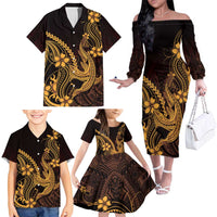 Gold Black Aloha Hawaii Family Matching Off The Shoulder Long Sleeve Dress and Hawaiian Shirt Polynesian Shark Tattoo With Plumeria LT14 - Polynesian Pride