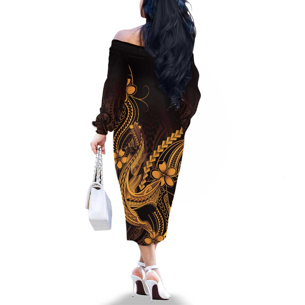 Gold Black Aloha Hawaii Family Matching Off The Shoulder Long Sleeve Dress and Hawaiian Shirt Polynesian Shark Tattoo With Plumeria LT14 - Polynesian Pride