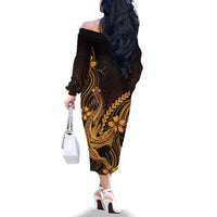 Gold Black Aloha Hawaii Family Matching Off The Shoulder Long Sleeve Dress and Hawaiian Shirt Polynesian Shark Tattoo With Plumeria LT14 - Polynesian Pride
