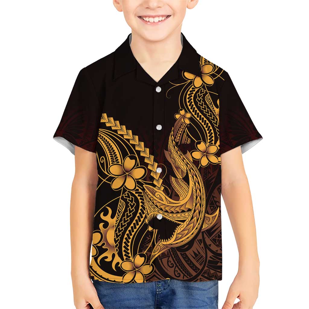 Gold Black Aloha Hawaii Family Matching Off The Shoulder Long Sleeve Dress and Hawaiian Shirt Polynesian Shark Tattoo With Plumeria LT14 Son's Shirt Gold - Polynesian Pride