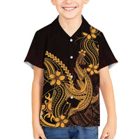 Gold Black Aloha Hawaii Family Matching Off The Shoulder Long Sleeve Dress and Hawaiian Shirt Polynesian Shark Tattoo With Plumeria LT14 Son's Shirt Gold - Polynesian Pride
