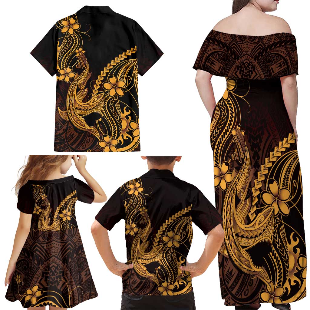 Gold Black Aloha Hawaii Family Matching Off Shoulder Maxi Dress and Hawaiian Shirt Polynesian Shark Tattoo With Plumeria LT14 - Polynesian Pride