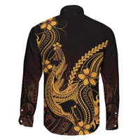 Gold Black Aloha Hawaii Family Matching Off Shoulder Maxi Dress and Hawaiian Shirt Polynesian Shark Tattoo With Plumeria LT14 - Polynesian Pride