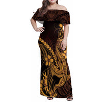 Gold Black Aloha Hawaii Family Matching Off Shoulder Maxi Dress and Hawaiian Shirt Polynesian Shark Tattoo With Plumeria LT14 Mom's Dress Gold - Polynesian Pride