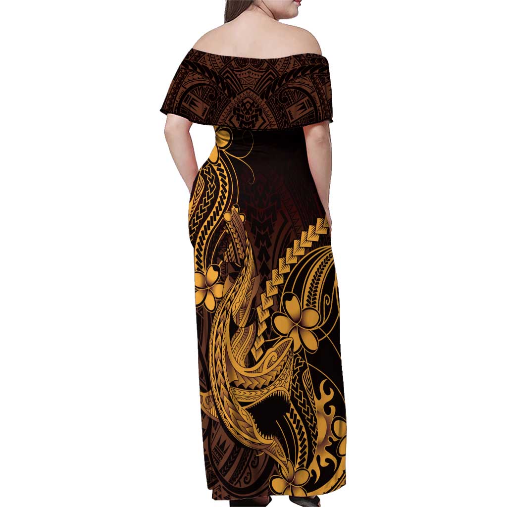 Gold Black Aloha Hawaii Family Matching Off Shoulder Maxi Dress and Hawaiian Shirt Polynesian Shark Tattoo With Plumeria LT14 - Polynesian Pride
