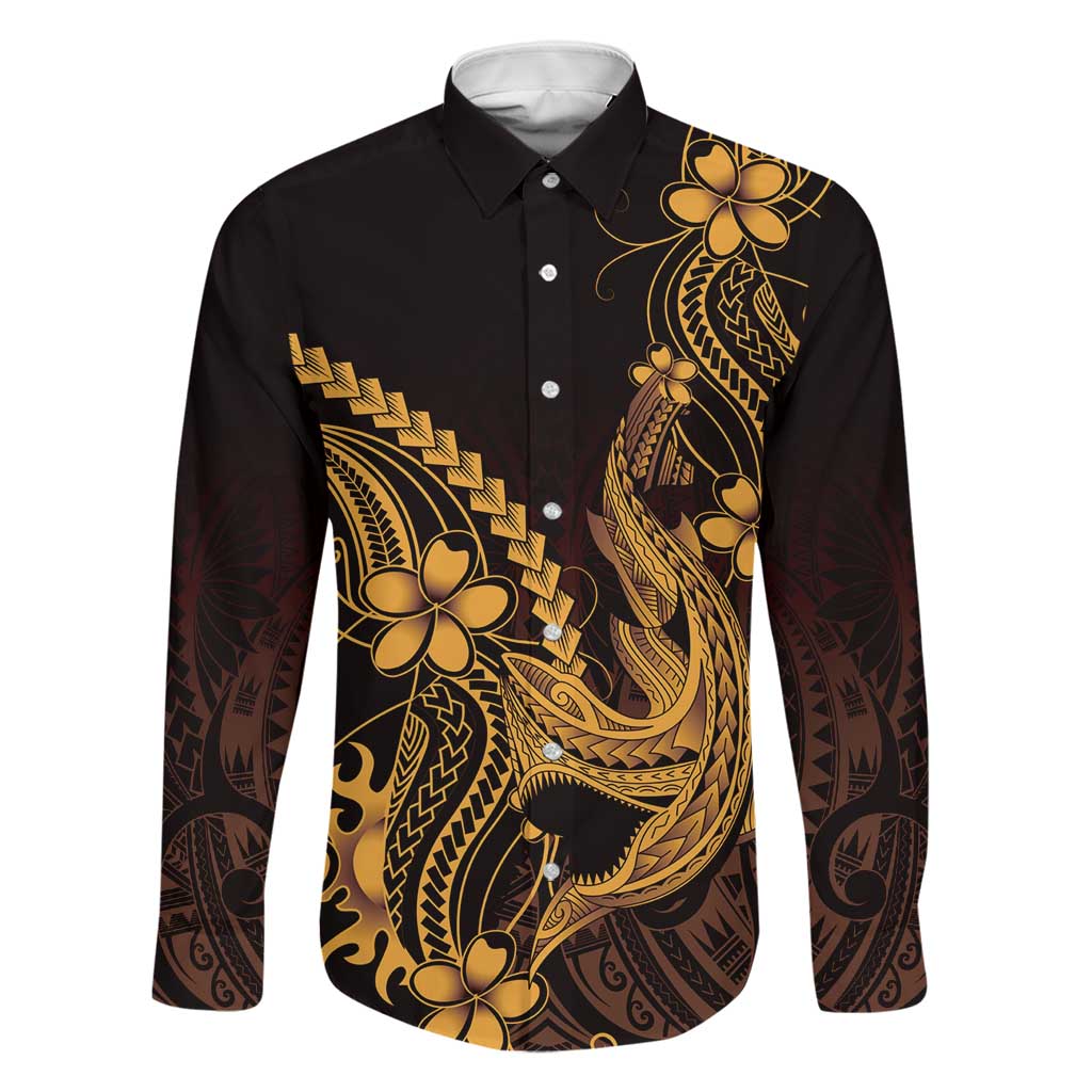 Gold Black Aloha Hawaii Family Matching Puletasi and Hawaiian Shirt Polynesian Shark Tattoo With Plumeria LT14 Dad's Shirt - Long Sleeve Gold - Polynesian Pride