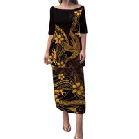 Gold Black Aloha Hawaii Family Matching Puletasi and Hawaiian Shirt Polynesian Shark Tattoo With Plumeria LT14 Mom's Dress Gold - Polynesian Pride