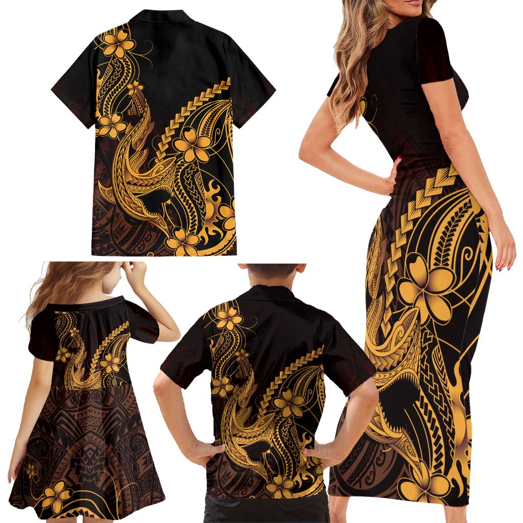 Gold Black Aloha Hawaii Family Matching Short Sleeve Bodycon Dress and Hawaiian Shirt Polynesian Shark Tattoo With Plumeria LT14 - Polynesian Pride