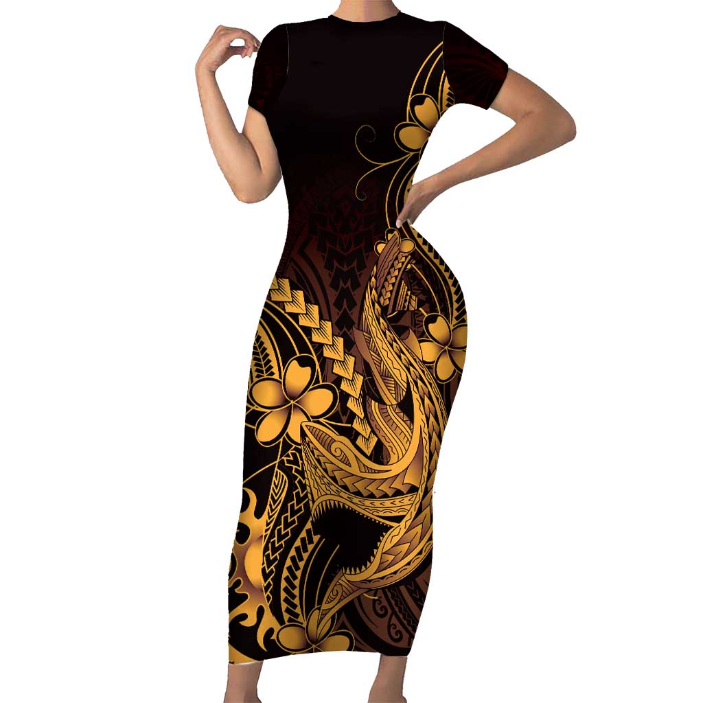 Gold Black Aloha Hawaii Family Matching Short Sleeve Bodycon Dress and Hawaiian Shirt Polynesian Shark Tattoo With Plumeria LT14 Mom's Dress Gold - Polynesian Pride