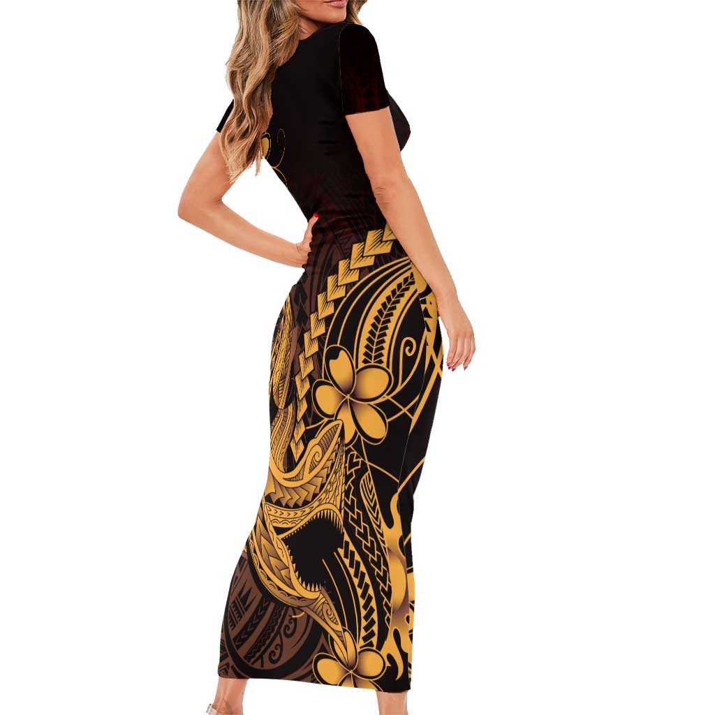 Gold Black Aloha Hawaii Family Matching Short Sleeve Bodycon Dress and Hawaiian Shirt Polynesian Shark Tattoo With Plumeria LT14 - Polynesian Pride