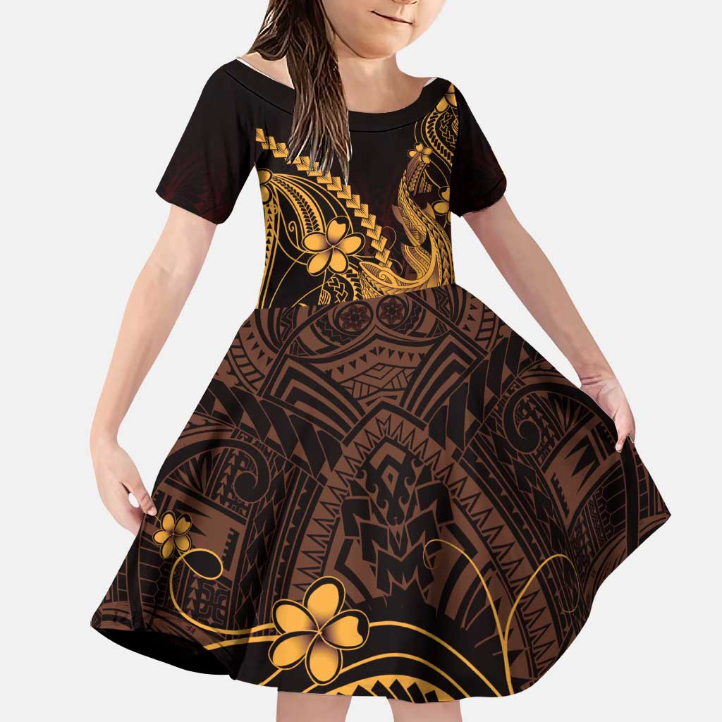 Gold Black Aloha Hawaii Family Matching Summer Maxi Dress and Hawaiian Shirt Polynesian Shark Tattoo With Plumeria LT14 Daughter's Dress Gold - Polynesian Pride