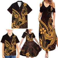Gold Black Aloha Hawaii Family Matching Summer Maxi Dress and Hawaiian Shirt Polynesian Shark Tattoo With Plumeria LT14 - Polynesian Pride