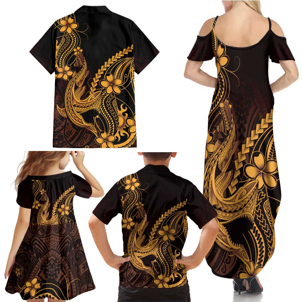 Gold Black Aloha Hawaii Family Matching Summer Maxi Dress and Hawaiian Shirt Polynesian Shark Tattoo With Plumeria LT14 - Polynesian Pride