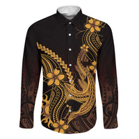 Gold Black Aloha Hawaii Family Matching Summer Maxi Dress and Hawaiian Shirt Polynesian Shark Tattoo With Plumeria LT14 Dad's Shirt - Long Sleeve Gold - Polynesian Pride