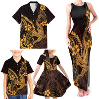 Gold Black Aloha Hawaii Family Matching Tank Maxi Dress and Hawaiian Shirt Polynesian Shark Tattoo With Plumeria LT14 - Polynesian Pride