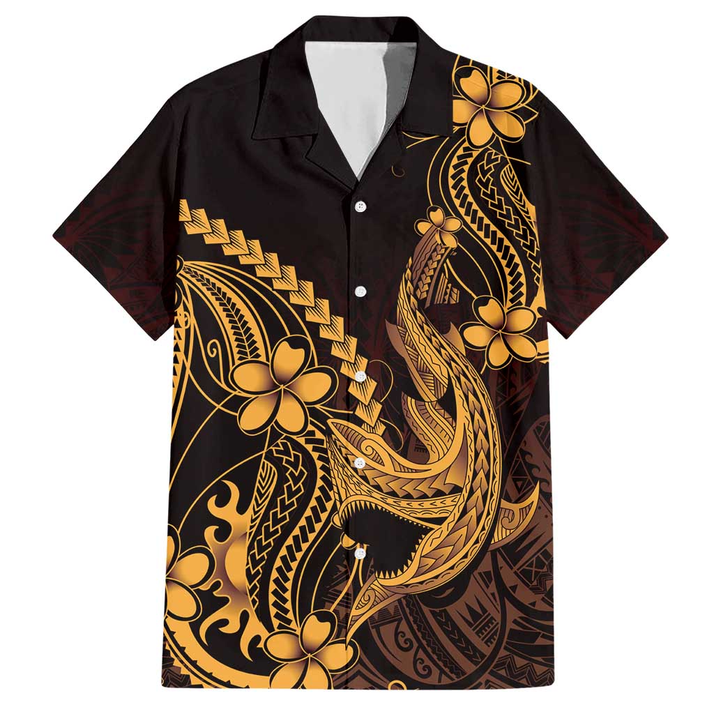 Gold Black Aloha Hawaii Hawaiian Shirt Polynesian Shark Tattoo With Plumeria - Polynesian Pride