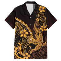 Gold Black Aloha Hawaii Hawaiian Shirt Polynesian Shark Tattoo With Plumeria - Polynesian Pride