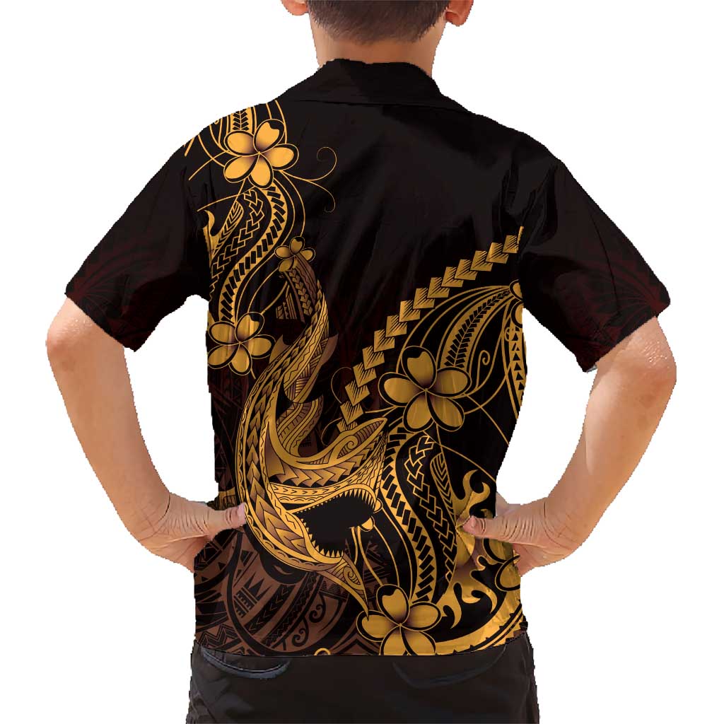 Gold Black Aloha Hawaii Hawaiian Shirt Polynesian Shark Tattoo With Plumeria - Polynesian Pride