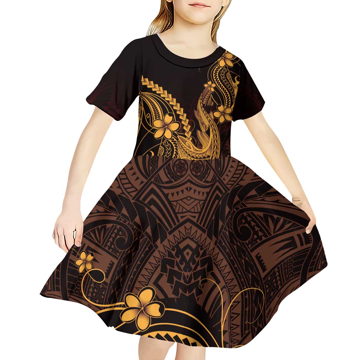 Gold Black Aloha Hawaii Kid Short Sleeve Dress Polynesian Shark Tattoo With Plumeria - Polynesian Pride