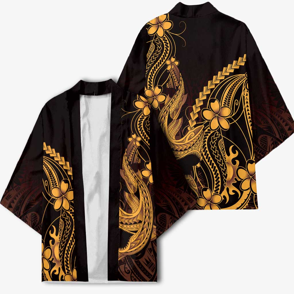 Gold Black Aloha Hawaii Kimono Polynesian Shark Tattoo With Plumeria LT14 - Polynesian Pride
