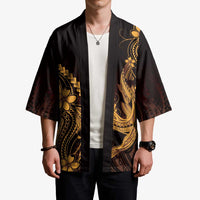 Gold Black Aloha Hawaii Kimono Polynesian Shark Tattoo With Plumeria LT14 - Polynesian Pride