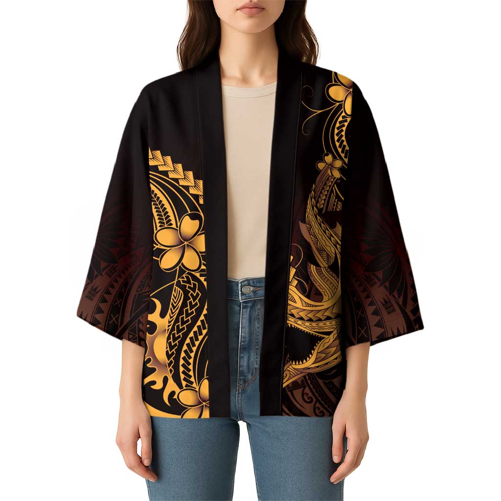 Gold Black Aloha Hawaii Kimono Polynesian Shark Tattoo With Plumeria LT14 - Polynesian Pride