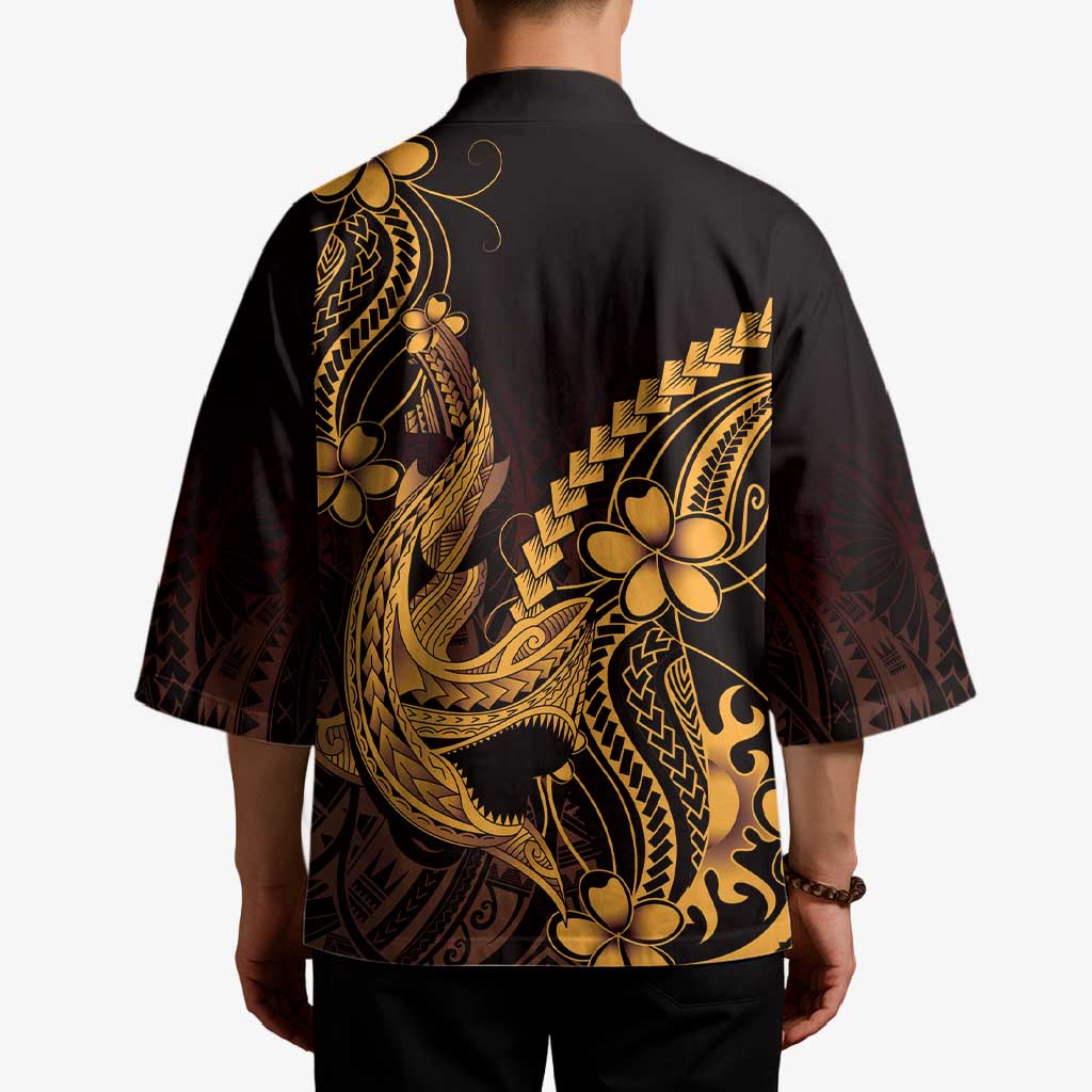 Gold Black Aloha Hawaii Kimono Polynesian Shark Tattoo With Plumeria LT14 - Polynesian Pride
