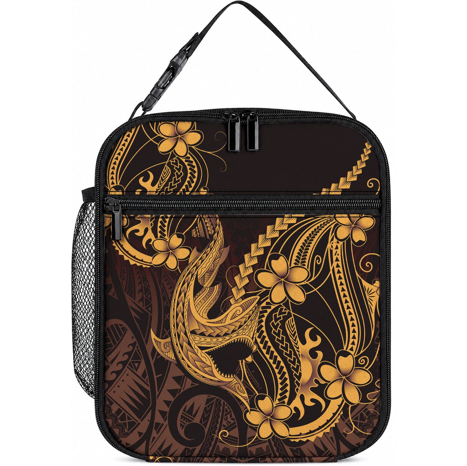 Gold Black Aloha Hawaii Lunch Bag Polynesian Shark Tattoo With Plumeria LT14 10.2 × 8.3 × 4.3 inch Gold - Polynesian Pride
