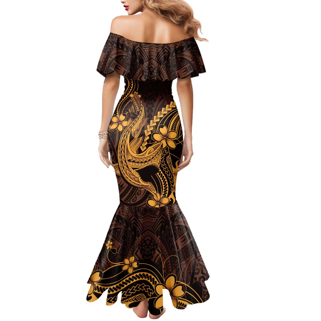 Gold Black Aloha Hawaii Mermaid Dress Polynesian Shark Tattoo With Plumeria LT14 - Polynesian Pride