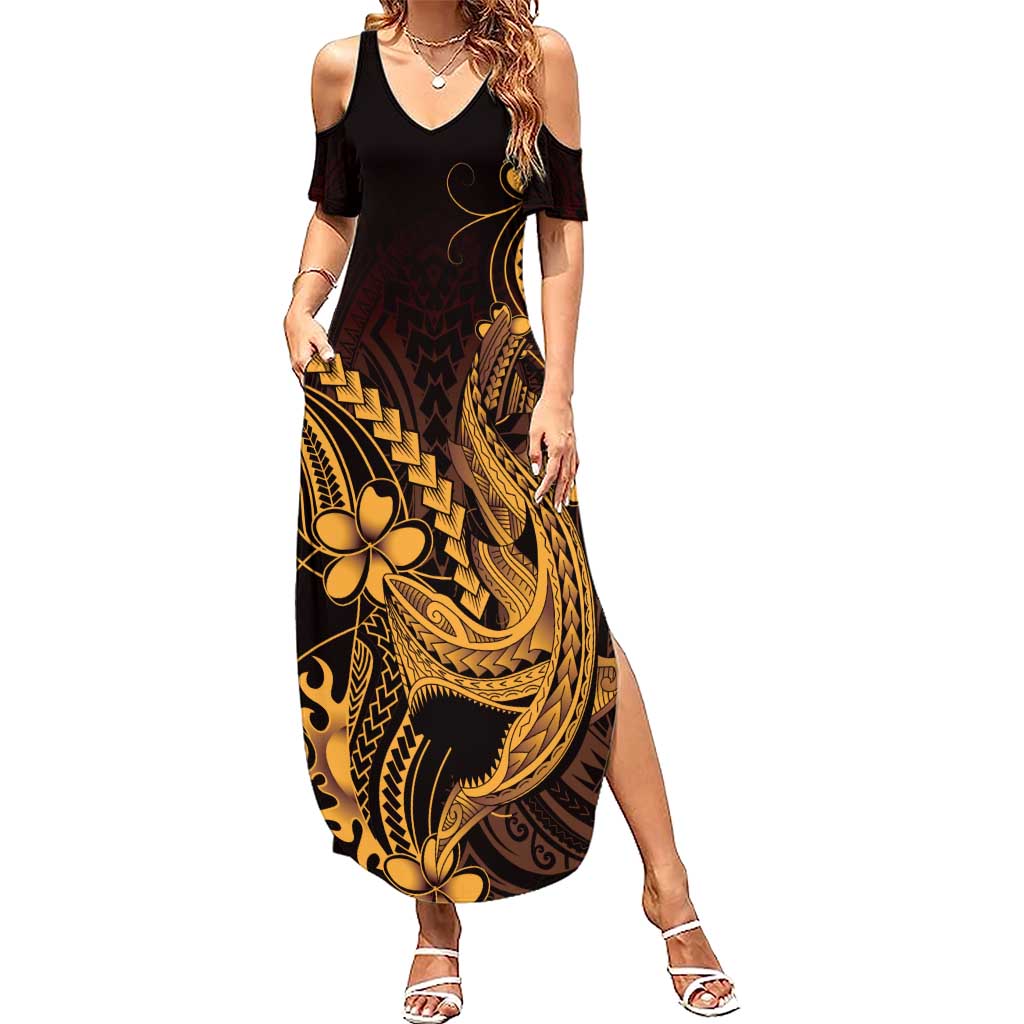 Gold Black Aloha Hawaii Summer Maxi Dress Polynesian Shark Tattoo With Plumeria - Polynesian Pride