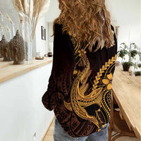 Gold Black Aloha Hawaii Women Casual Shirt Polynesian Shark Tattoo With Plumeria - Polynesian Pride