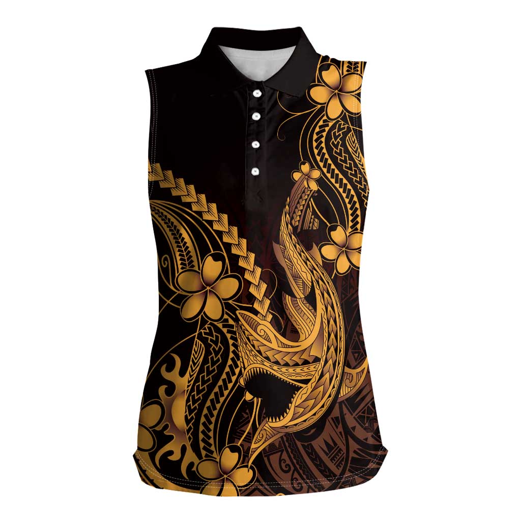 Gold Black Aloha Hawaii Women Sleeveless Polo Shirt Polynesian Shark Tattoo With Plumeria LT14 Female Gold - Polynesian Pride