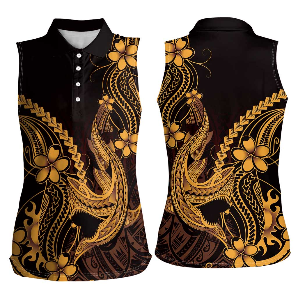 Gold Black Aloha Hawaii Women Sleeveless Polo Shirt Polynesian Shark Tattoo With Plumeria LT14 - Polynesian Pride