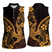 Gold Black Aloha Hawaii Women Sleeveless Polo Shirt Polynesian Shark Tattoo With Plumeria LT14 - Polynesian Pride