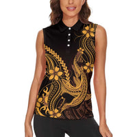 Gold Black Aloha Hawaii Women Sleeveless Polo Shirt Polynesian Shark Tattoo With Plumeria LT14 - Polynesian Pride