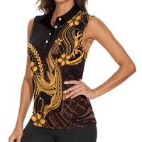 Gold Black Aloha Hawaii Women Sleeveless Polo Shirt Polynesian Shark Tattoo With Plumeria LT14 - Polynesian Pride