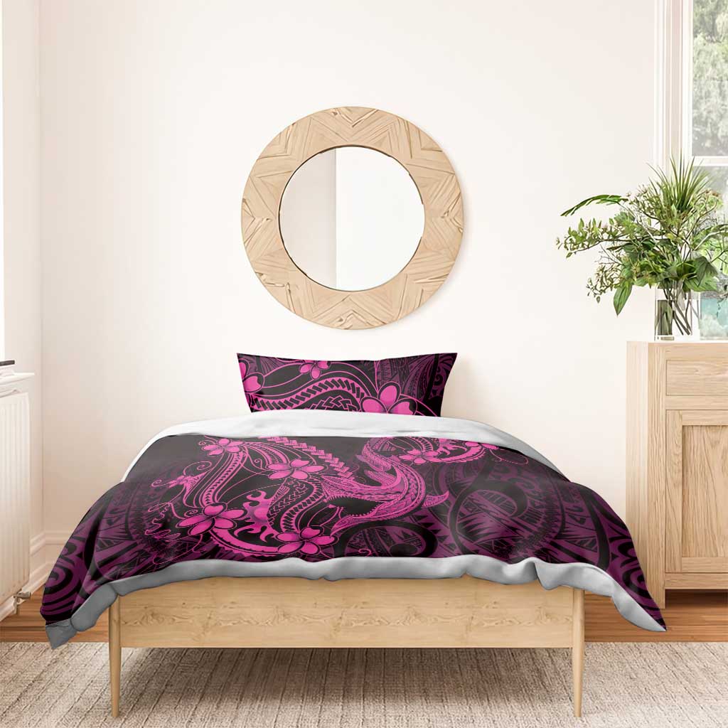 Pink Black Aloha Hawaii Bedding Set Polynesian Shark Tattoo With Plumeria - Polynesian Pride
