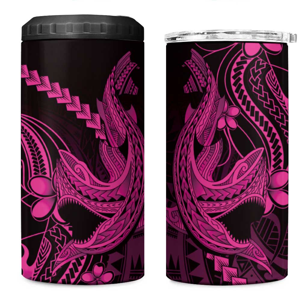 Pink Black Aloha Hawaii 4 in 1 Can Cooler Tumbler Polynesian Shark Tattoo With Plumeria - Polynesian Pride