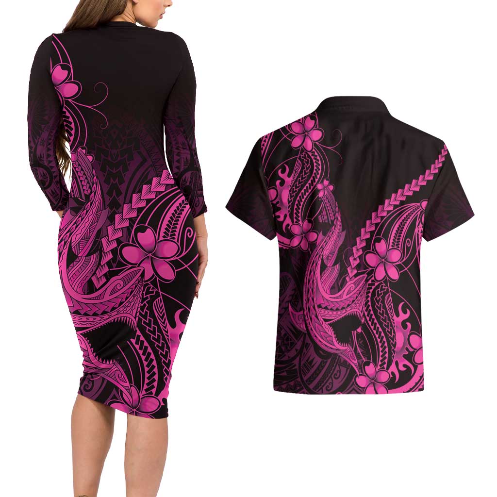 Pink Black Aloha Hawaii Couples Matching Long Sleeve Bodycon Dress and Hawaiian Shirt Polynesian Shark Tattoo With Plumeria LT14 - Polynesian Pride