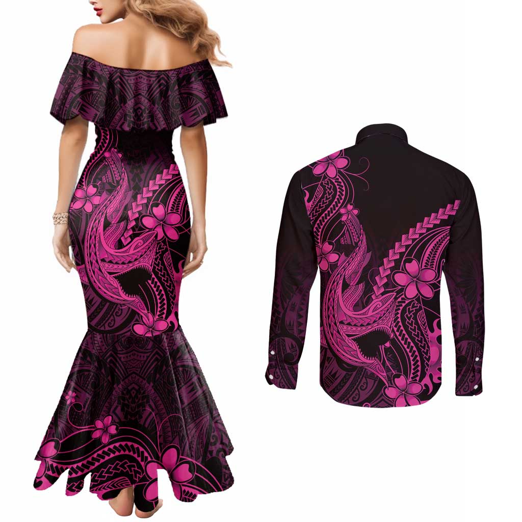 Pink Black Aloha Hawaii Couples Matching Mermaid Dress and Long Sleeve Button Shirt Polynesian Shark Tattoo With Plumeria LT14 - Polynesian Pride