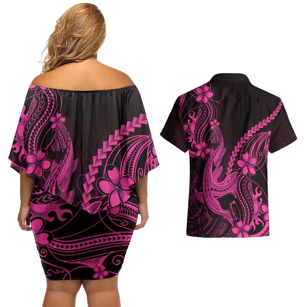Pink Black Aloha Hawaii Couples Matching Off Shoulder Short Dress and Hawaiian Shirt Polynesian Shark Tattoo With Plumeria LT14 - Polynesian Pride