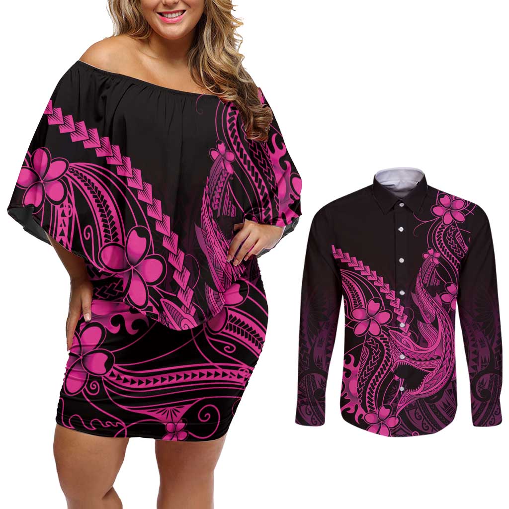 Pink Black Aloha Hawaii Couples Matching Off Shoulder Short Dress and Long Sleeve Button Shirt Polynesian Shark Tattoo With Plumeria LT14 Pink - Polynesian Pride