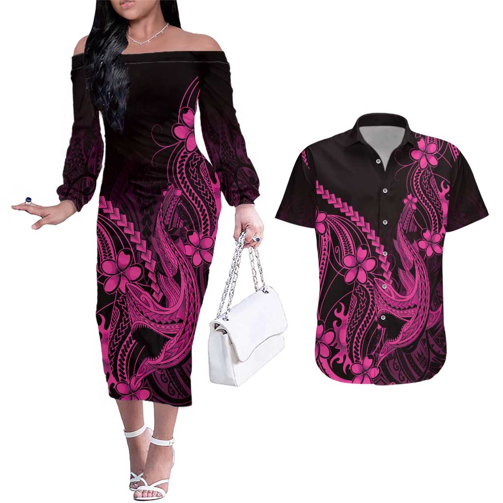 Pink Black Aloha Hawaii Couples Matching Off The Shoulder Long Sleeve Dress and Hawaiian Shirt Polynesian Shark Tattoo With Plumeria LT14 Pink - Polynesian Pride