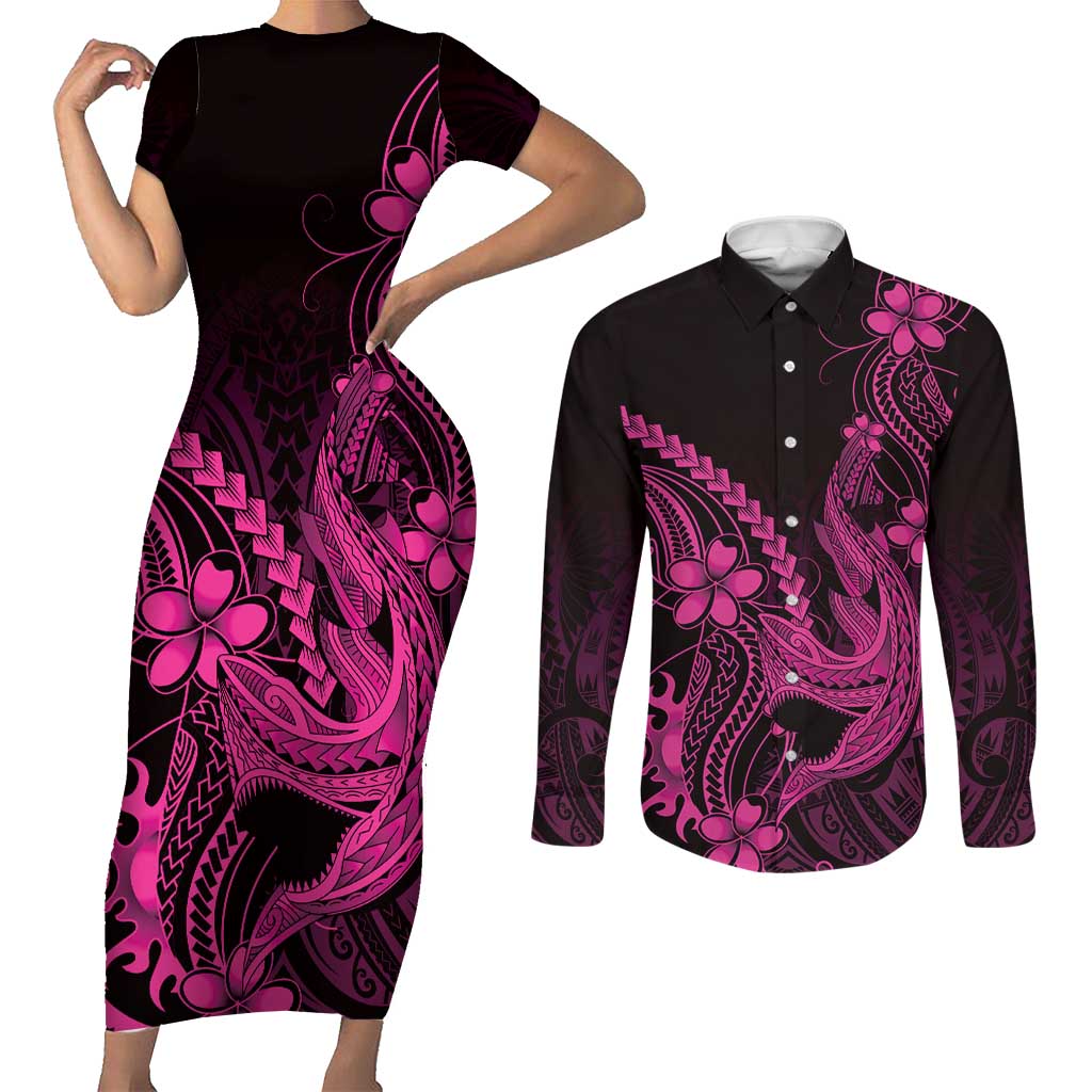 Pink Black Aloha Hawaii Couples Matching Short Sleeve Bodycon Dress and Long Sleeve Button Shirt Polynesian Shark Tattoo With Plumeria LT14 Pink - Polynesian Pride