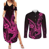 Pink Black Aloha Hawaii Couples Matching Summer Maxi Dress and Long Sleeve Button Shirt Polynesian Shark Tattoo With Plumeria - Polynesian Pride
