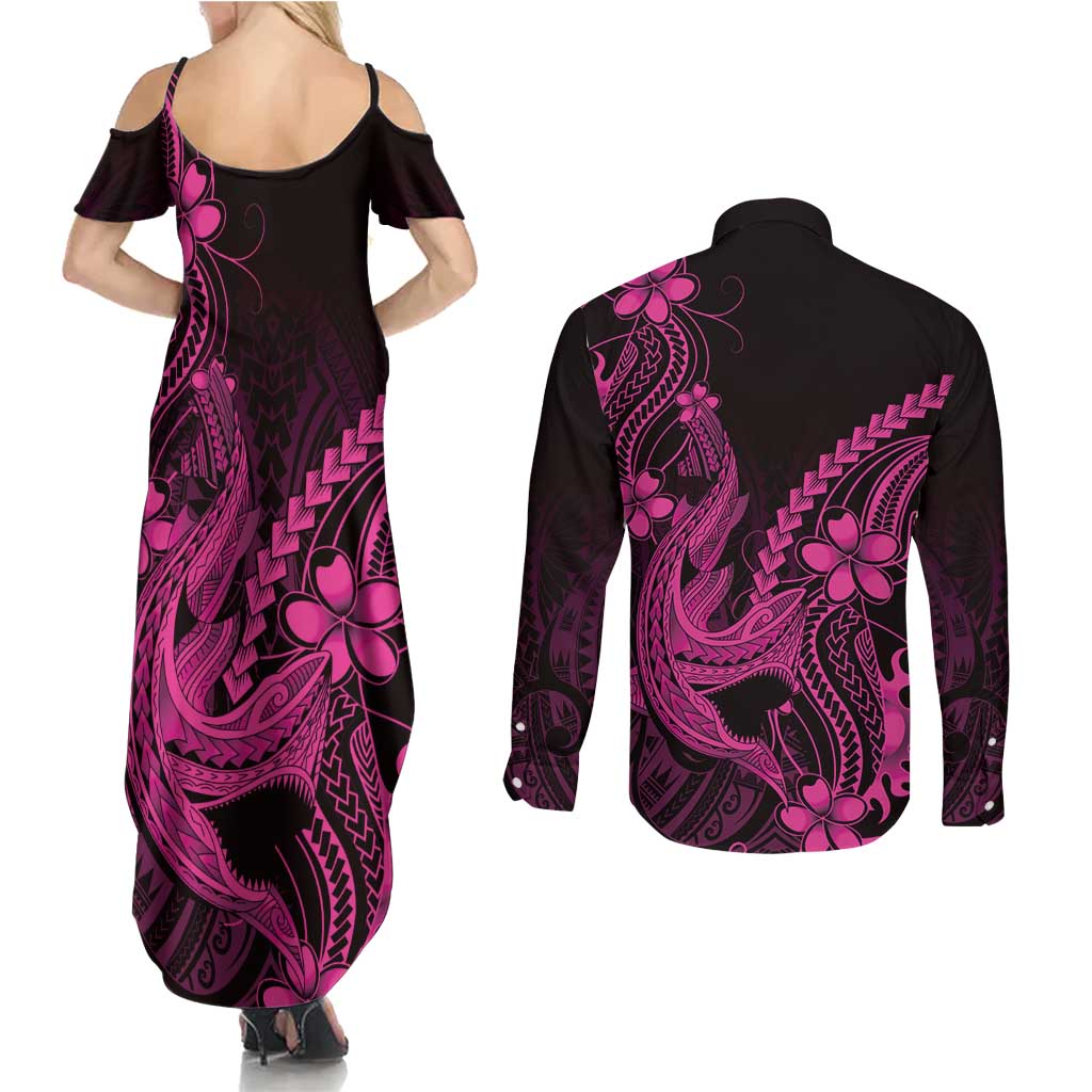 Pink Black Aloha Hawaii Couples Matching Summer Maxi Dress and Long Sleeve Button Shirt Polynesian Shark Tattoo With Plumeria - Polynesian Pride