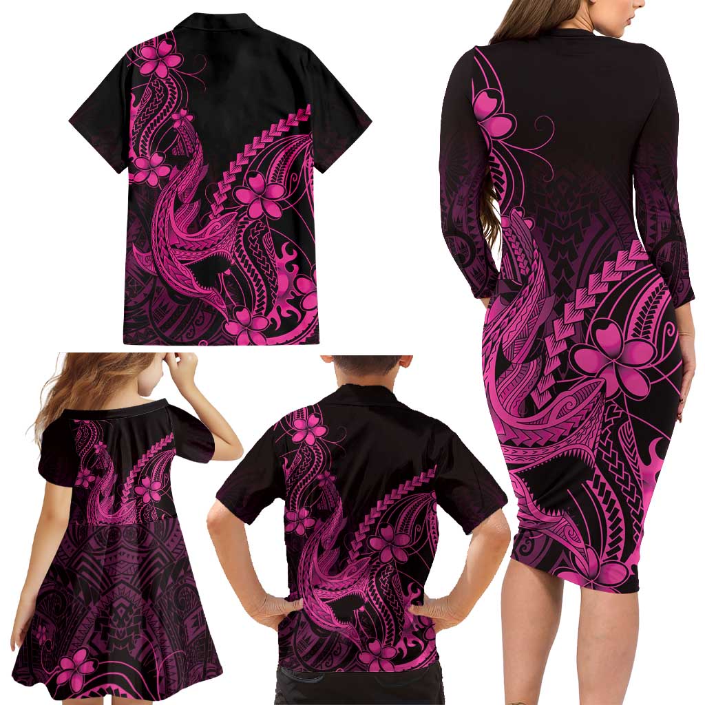 Pink Black Aloha Hawaii Family Matching Long Sleeve Bodycon Dress and Hawaiian Shirt Polynesian Shark Tattoo With Plumeria LT14 - Polynesian Pride