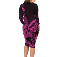 Pink Black Aloha Hawaii Family Matching Long Sleeve Bodycon Dress and Hawaiian Shirt Polynesian Shark Tattoo With Plumeria LT14 - Polynesian Pride