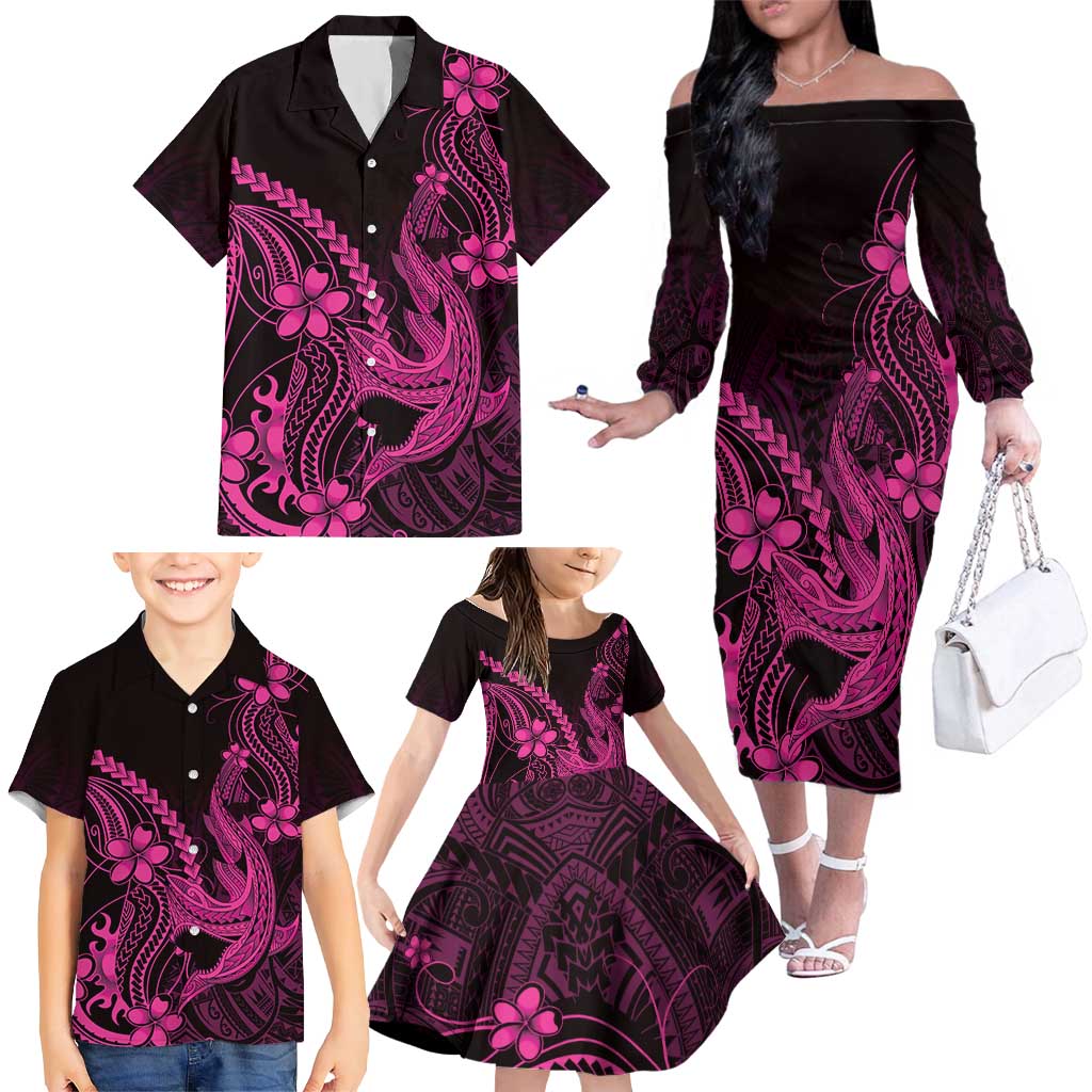 Pink Black Aloha Hawaii Family Matching Off The Shoulder Long Sleeve Dress and Hawaiian Shirt Polynesian Shark Tattoo With Plumeria LT14 - Polynesian Pride